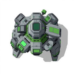 A detailed top-down 2D illustration of a futuristic resource collecting turret, featuring a sophisticated design in gray and green colors