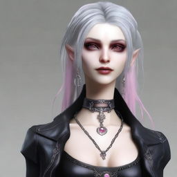 Generate a full body image of a young Gothic vampire female, with glistening pink eyes, gray hair, and bedecked in stylish leather jewelry