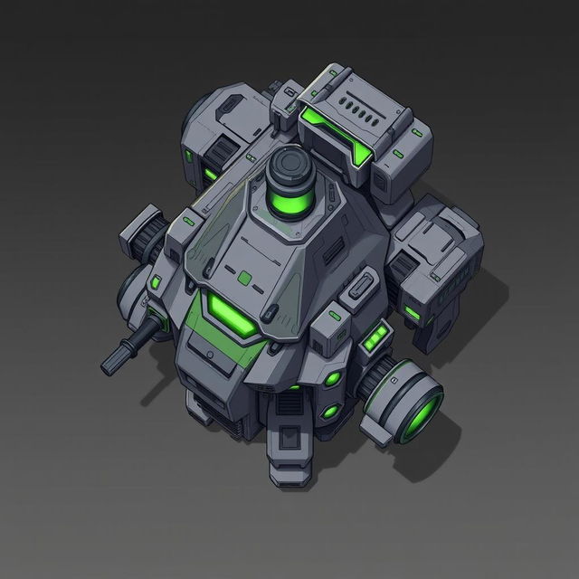 A detailed top-down 2D illustration of a futuristic resource collecting turret, featuring a sophisticated design in gray and green colors