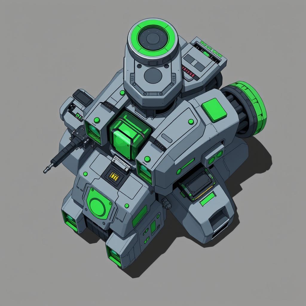 A detailed top-down 2D illustration of a futuristic resource collecting turret, featuring a sophisticated design in gray and green colors