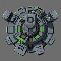 A detailed top-down 2D illustration of a futuristic resource collecting turret, featuring a sophisticated design in gray and green colors