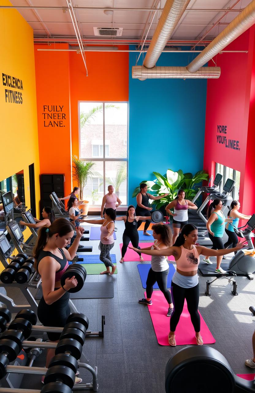 A vibrant and energizing fitness studio named 'Excelencia Fitness'