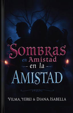 A dramatic and intense book cover for the mystery novel "Sombras en la Amistad"