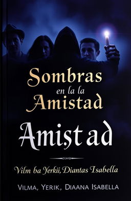 A dramatic and intense book cover for the mystery novel "Sombras en la Amistad"
