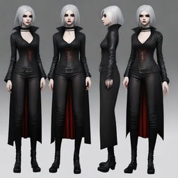 Generate a full body image of a young Gothic vampire female, with haunting red eyes, gray hair, and wearing fashionable leather jewelry