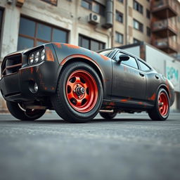 A lowered black rusty rat rod 2006 Dodge Charger, showcasing riveted panels and striking red rims featuring dome center caps