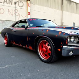 A lowered black rusty rat rod 2006 Dodge Charger, showcasing riveted panels and striking red rims featuring dome center caps