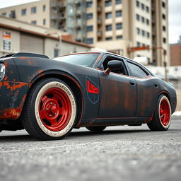 A lowered black rusty rat rod 2006 Dodge Charger, showcasing riveted panels and striking red rims featuring dome center caps