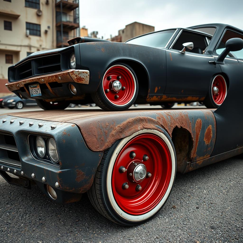 A lowered black rusty rat rod 2006 Dodge Charger, showcasing riveted panels and striking red rims featuring dome center caps