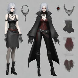 Generate a full body image of a young Gothic vampire female, with haunting red eyes, gray hair, and wearing fashionable leather jewelry