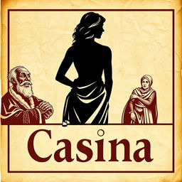 A poster titled 'Cásina', written in a font that mimics ancient Greek letters