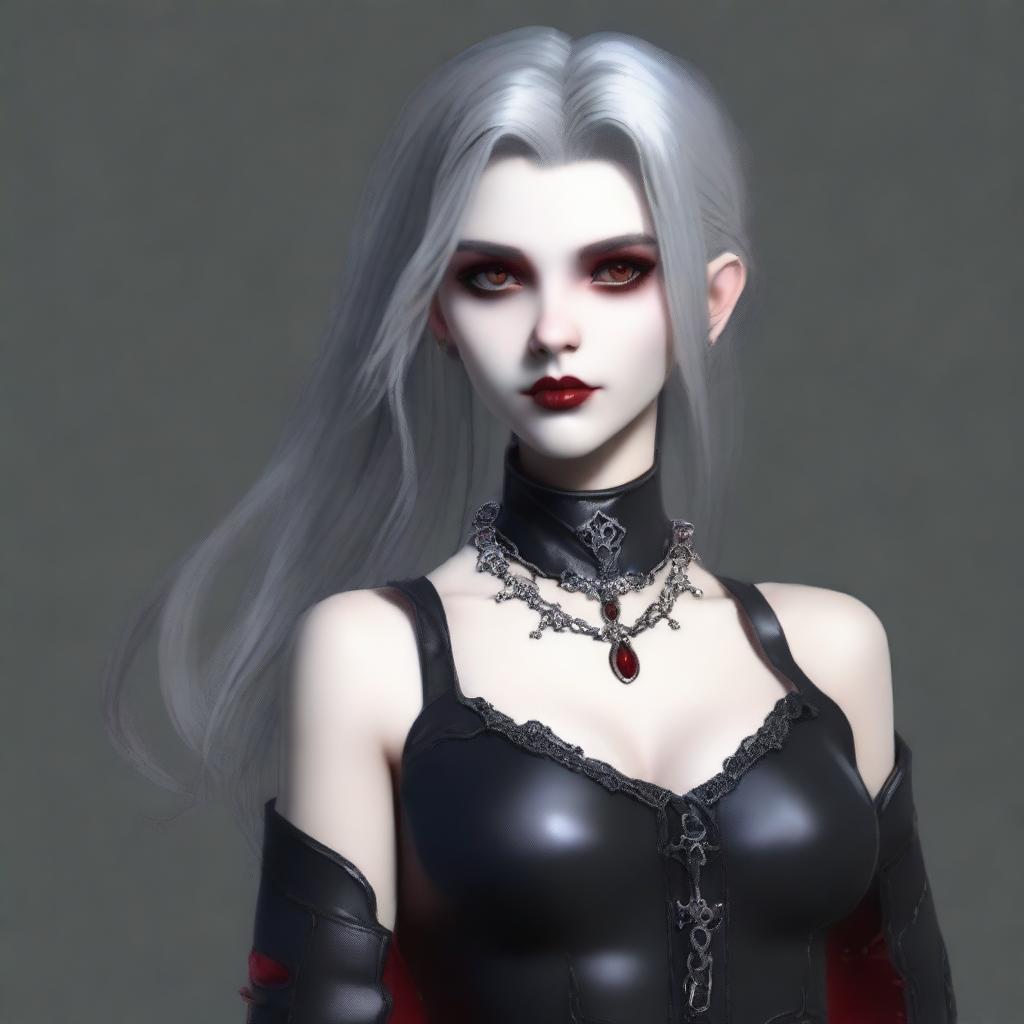 Generate a full body image of a young Gothic vampire female, with haunting red eyes, gray hair, and wearing fashionable leather jewelry