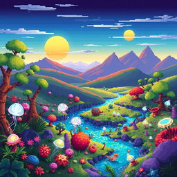 A beautifully illustrated pixel art ecosystem of an alien planet, featuring a diverse range of flora and fauna