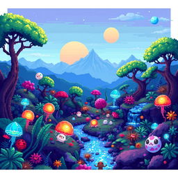 A beautifully illustrated pixel art ecosystem of an alien planet, featuring a diverse range of flora and fauna