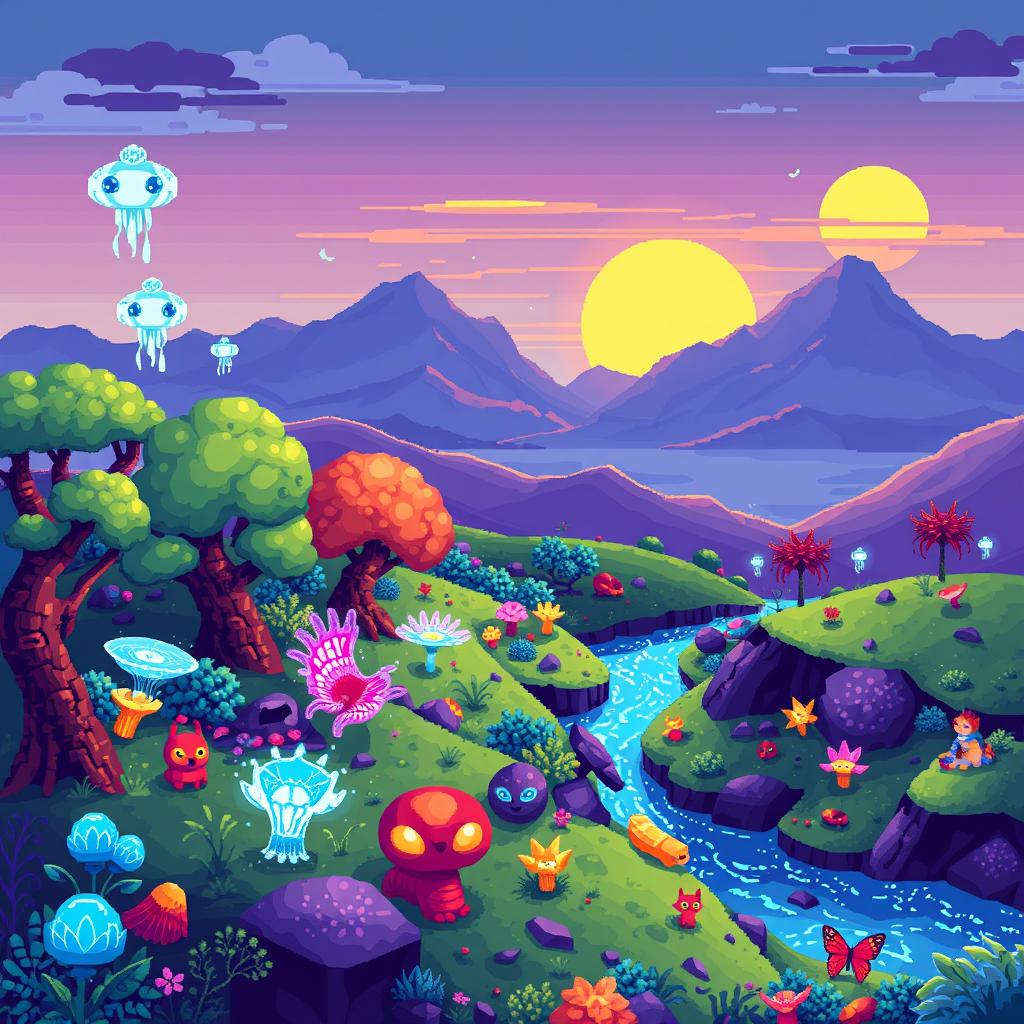 A beautifully illustrated pixel art ecosystem of an alien planet, featuring a diverse range of flora and fauna