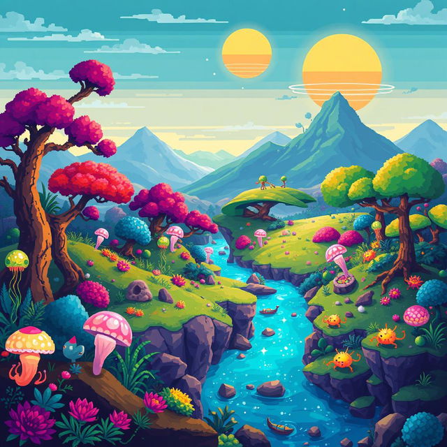 A beautifully illustrated pixel art ecosystem of an alien planet, featuring a diverse range of flora and fauna