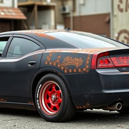 A lowered black rusty rat rod 2006 Dodge Charger featuring riveted panels and striking red rims