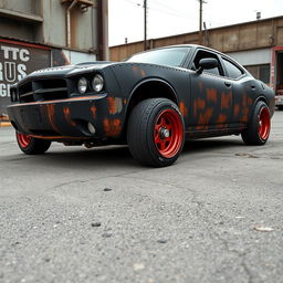 A lowered black rusty rat rod 2006 Dodge Charger featuring riveted panels and striking red rims