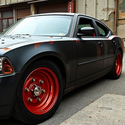 A lowered black rusty rat rod 2006 Dodge Charger featuring riveted panels and striking red rims