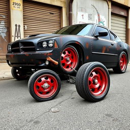 A lowered black rusty rat rod 2006 Dodge Charger featuring riveted panels and striking red rims