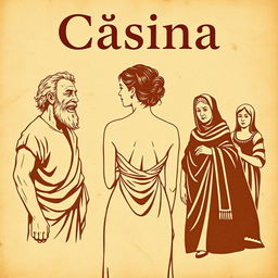 A vintage-style poster titled 'Cásina', featuring a title written in a font that mimics ancient Greek letters