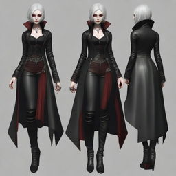 Generate a full body image of a young Gothic vampire female, with haunting red eyes, gray hair, and wearing fashionable leather jewelry