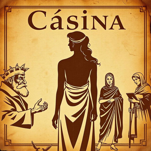 A vintage-style poster titled 'Cásina', featuring a title written in a font that mimics ancient Greek letters