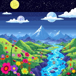A colorful pixel art scene depicting an alien planet, filled with a variety of unique landscapes