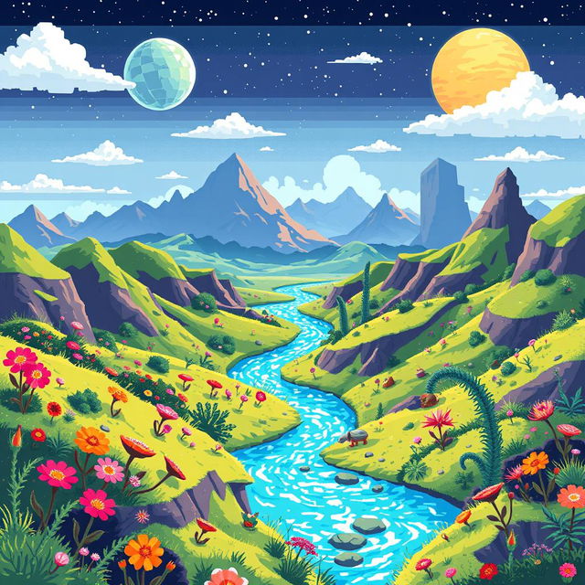 A colorful pixel art scene depicting an alien planet, filled with a variety of unique landscapes