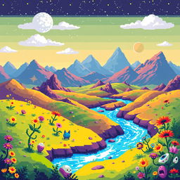 A colorful pixel art scene depicting an alien planet, filled with a variety of unique landscapes