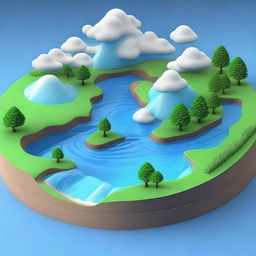 Generate a 3D model that thoroughly depicts the stages of the water cycle, including evaporation, condensation, precipitation, transpiration, infiltration, and river run-off