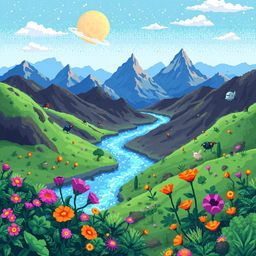 A colorful pixel art scene depicting an alien planet, filled with a variety of unique landscapes