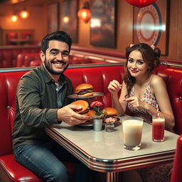 A cozy and slightly humorous anniversary dinner scene featuring a man named Carlos treating his unimpressed wife to hamburgers