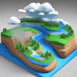 Generate a 3D model that thoroughly depicts the stages of the water cycle, including evaporation, condensation, precipitation, transpiration, infiltration, and river run-off