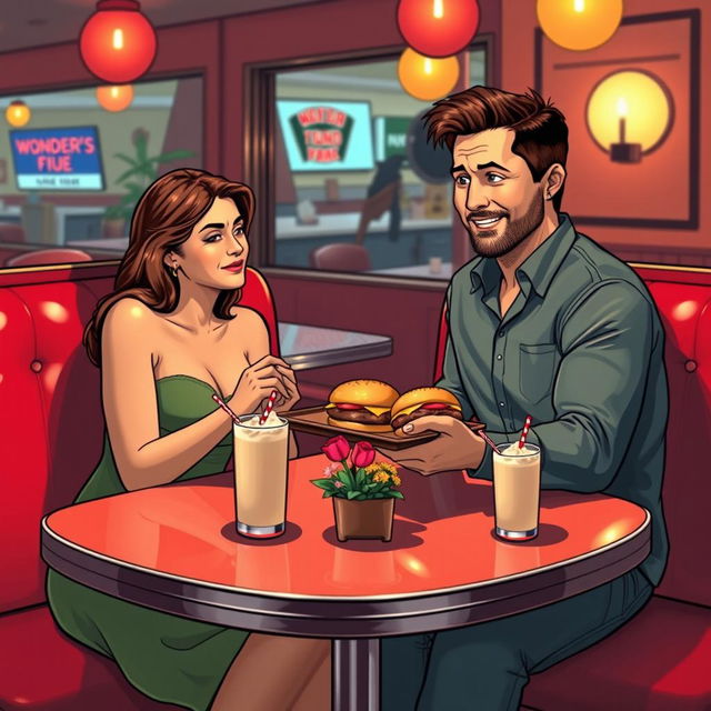 A cozy and slightly humorous anniversary dinner scene featuring a man named Carlos treating his unimpressed wife to hamburgers