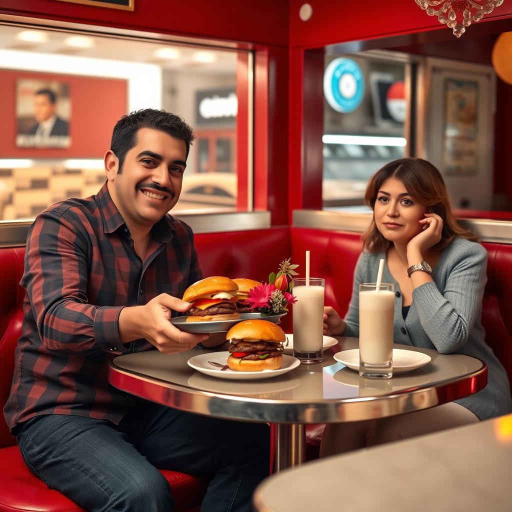 A cozy and slightly humorous anniversary dinner scene featuring a man named Carlos treating his unimpressed wife to hamburgers