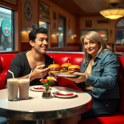 A cozy and slightly humorous anniversary dinner scene featuring a man named Carlos treating his unimpressed wife to hamburgers