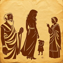 A vintage ancient papyrus background, wrinkled and weathered, with humorous silhouettes
