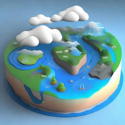 Generate a 3D model that thoroughly depicts the stages of the water cycle, including evaporation, condensation, precipitation, transpiration, infiltration, and river run-off