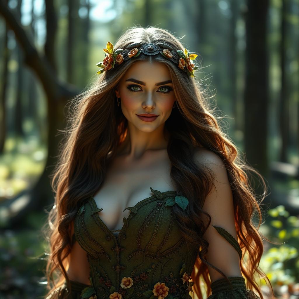 A captivating and seductive huldra, a mythical Scandinavian forest spirit, with long flowing hair and a breathtakingly stunning appearance