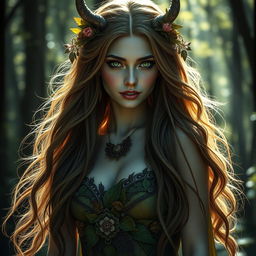 A captivating and seductive huldra, a mythical Scandinavian forest spirit, with long flowing hair and a breathtakingly stunning appearance