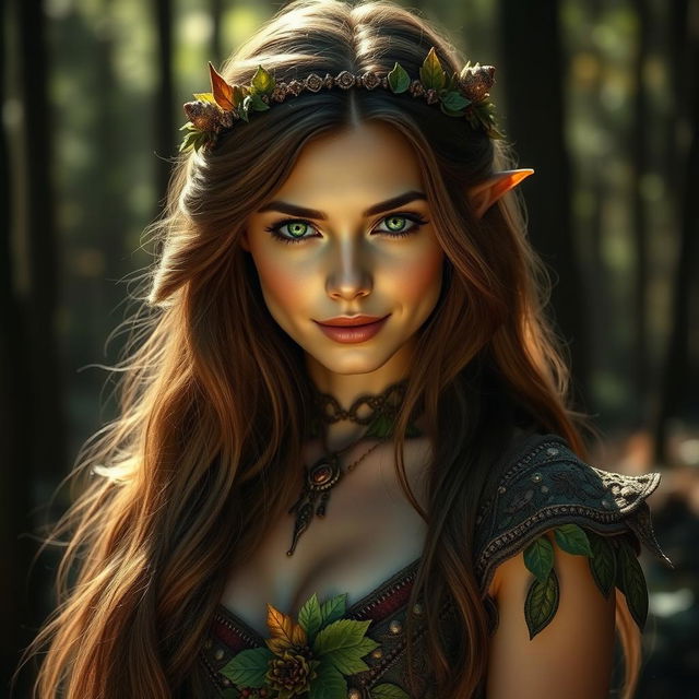 A captivating and seductive huldra, a mythical Scandinavian forest spirit, with long flowing hair and a breathtakingly stunning appearance