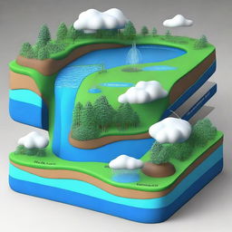 Generate a 3D model that thoroughly depicts the stages of the water cycle, including evaporation, condensation, precipitation, transpiration, infiltration, and river run-off