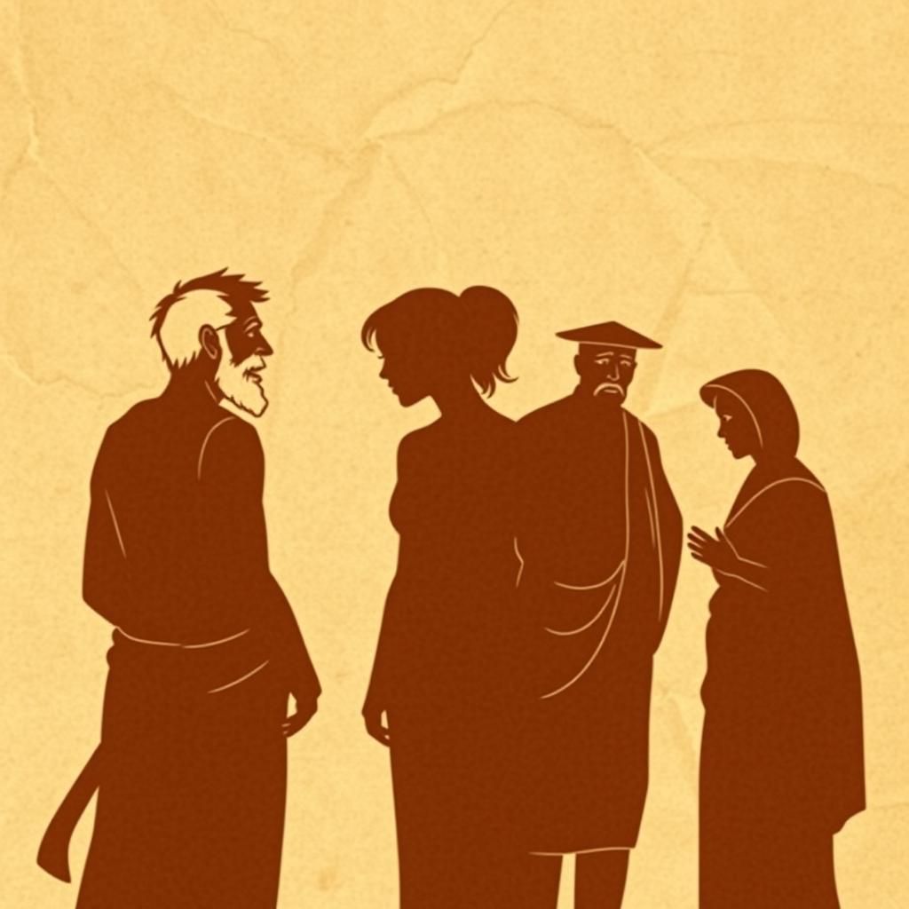 A comedic silhouette scene set against an ancient, wrinkled papyrus background