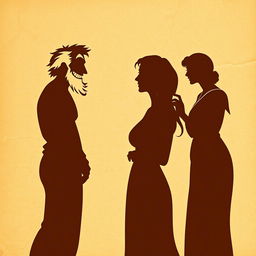A comedic silhouette scene set against an ancient, wrinkled papyrus background