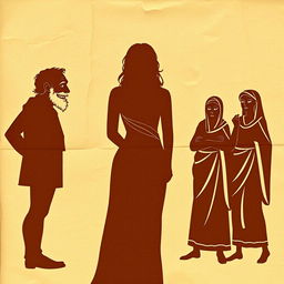 A comedic silhouette scene set against an ancient, wrinkled papyrus background