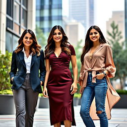 A group of three 34-year-old brunettes with European features, standing together in a stylish urban setting