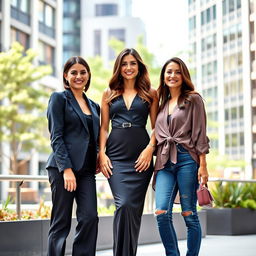 A group of three 34-year-old brunettes with European features, standing together in a stylish urban setting