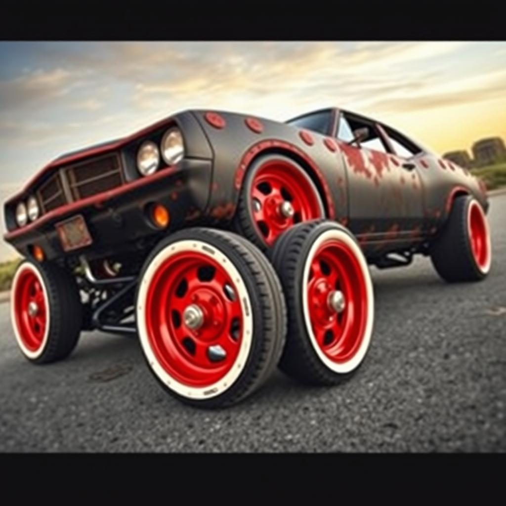 A lowered black rusty rat rod 2006 Dodge Charger with riveted panels, featuring striking red rims adorned with dome baby moon caps, and fat white wall tires