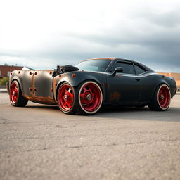 A lowered black rusty rat rod 2006 Dodge Charger with riveted panels, featuring striking red rims adorned with dome baby moon caps, and fat white wall tires